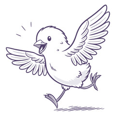Happy Cartoon Bird Running with Wings Spread on White Background chick baby bird
