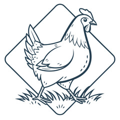 Stylized Line Art Chicken Walking in Grass Inside Diamond Frame fowl bird