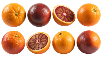 Vibrant and juicy blood oranges, whole and halved, arranged for a fresh and healthy citrus display, perfect for vibrant summer recipes and wellness promotions