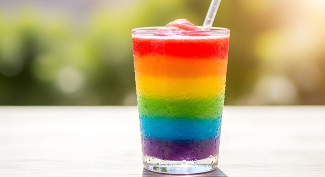 Refreshing rainbow smoothie delight on a sunny day, perfect for summer celebrations and vibrant, happy moments with friends and family - Powered by Adobe
