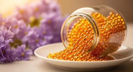 Red lentils spilling from jar with purple flowers backdrop