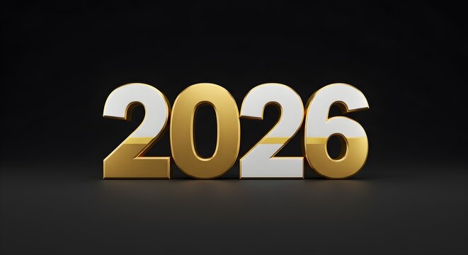 Year 2026 in gold and white on a black background for visuals
