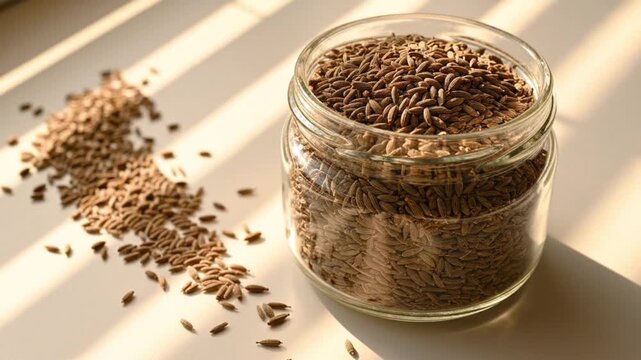 Cumin seeds in glass jar with scattered spice