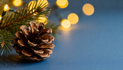 Pine branch with cone and warm fairy lights on blue background
