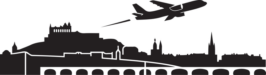 Obraz premium Besancon Skyline Cityscape Airplane Travel Icon. Vector black silhouette
