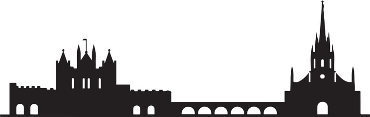 Fototapeta premium Angers Skyline with Castle and Cathedral, Airplane and Flight Path. Vector black silhouette