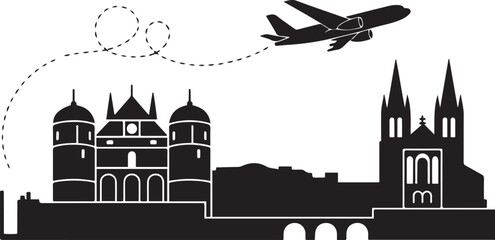 Fototapeta premium Angers Skyline with Castle and Cathedral, Airplane and Flight Path. Vector black silhouette