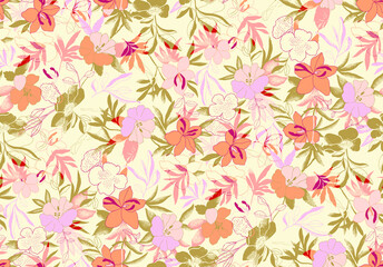 Beautiful floral pattern with peach, pink, and gold flowers perfect for backgrounds, textiles, and feminine designs adding a touch of delicate charm