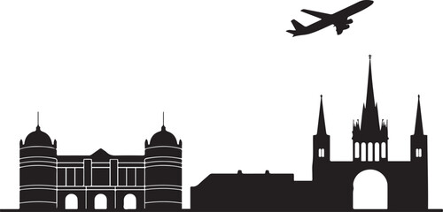 Angers Skyline with Castle and Cathedral, Airplane and Flight Path. Vector black silhouette