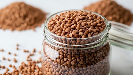 Close up of a glass jar filled with raw buckwheat groats