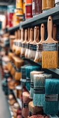 Paintbrushes hanging on shelf in a hardware store