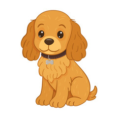 Cute cocker spaniel puppy sitting with collar and tag. Flat style vector illustration. For dog breeding, pet stores, veterinary, stickers, posters, pet designs, branding, and educational materials.
