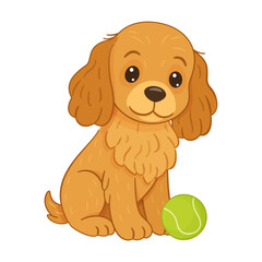 Cute cocker spaniel with tennis ball. Flat style vector illustration. Ideal for dog breeding, pet stores, veterinary, adorable animal merchandise, stickers, books, posters, and pet themed designs.