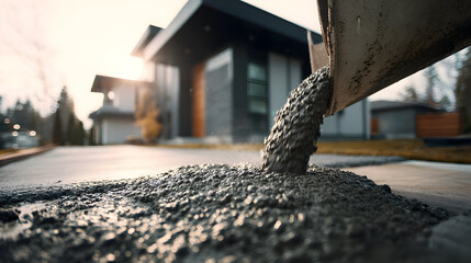 Close up of fresh concrete pouring for modern driveway construction © Svetlana