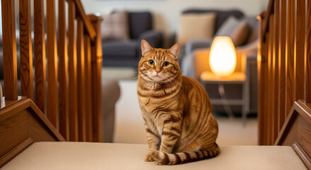 Focused Orange Tabby Cat Sitting on Carpeted Stairs with Blurry Home Background