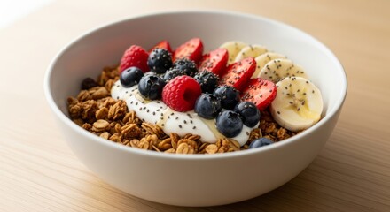 Nutritious morning breakfast bowl with crunchy granola, fresh mixed berries including strawberries and blueberries, topped with creamy yogurt served on wooden table - healthy eating and wellness 