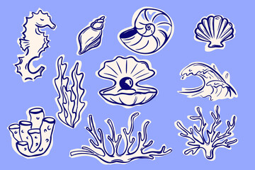 Hand drawn sea life vector set with shells, coral, seaweed, seahorse, and marine elements. Perfect for design, textile, and sticker. 