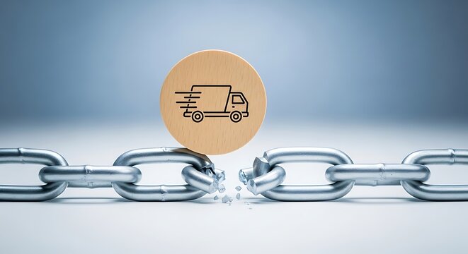 Broken supply chain link with delivery truck icon symbolizing logistics disruption
