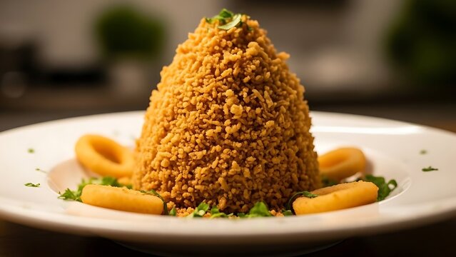 Cone shaped savory dish with apricot slices on a white plate