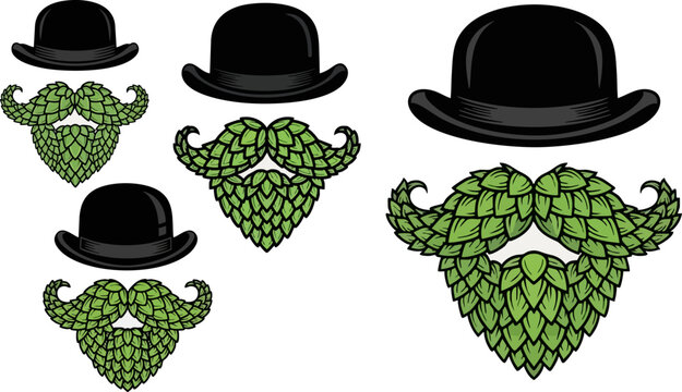 Three bowler hats with beards made of hops on a black background for beer branding