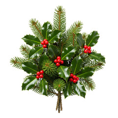 christmas holly branch with berries isolated on white background