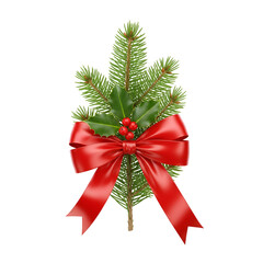 christmas tree branch with red bow isolated on white background