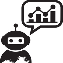 Robot bot vector icon analyzing business data with a chart and graph inside a speech bubble representation