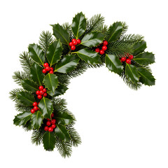 christmas wreath with holly and berries isolated on white background