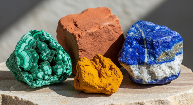 Colorful mineral specimens: malachite, hematite, orpiment, and lapis lazuli.