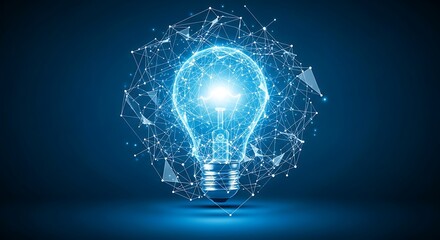 Bright blue glowing abstract light bulb forming from digital network connections