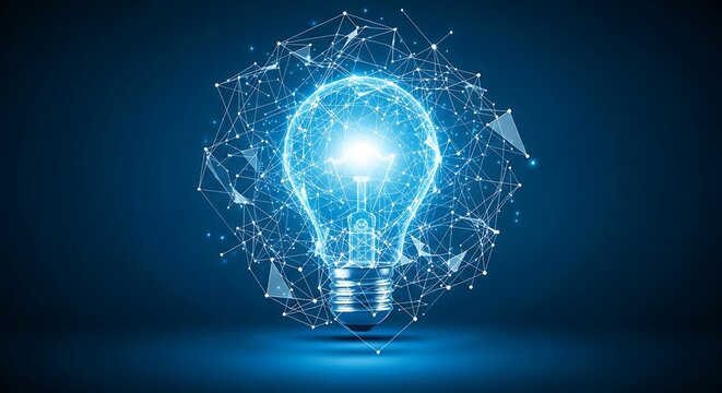 Bright blue glowing abstract light bulb forming from digital network connections - Powered by Adobe