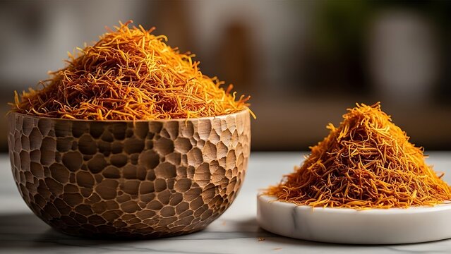 Close up of vibrant saffron threads piled high in rustic bowls