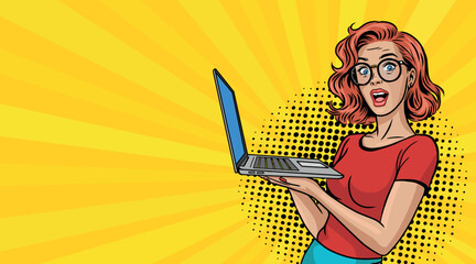 A beautiful surprised woman in pop art style with a laptop. Pop art in comic style. © дима селиванов