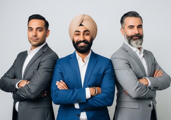 Three professional businessmen of diverse backgrounds standing confidently with arms crossed.