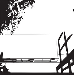 Vector silhouette of a balcony railing and tree foliage against a dark night sky background