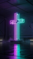 Naklejka premium Neon cross in a dark futuristic room with glowing lights and reflections on a wet floor