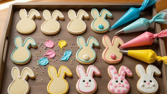 Creative cookie decorating session with bunny-shaped sugar cookies and colorful royal icing on a wooden tray