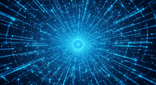 Abstract blue digital tunnel with glowing light streaks and data flow