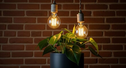 Two edison bulbs illuminate a potted plant against a brick wall
