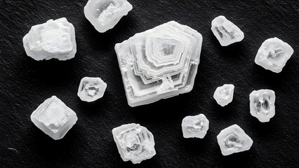 Close up of mineral rock formations on a dark background in overhead shot