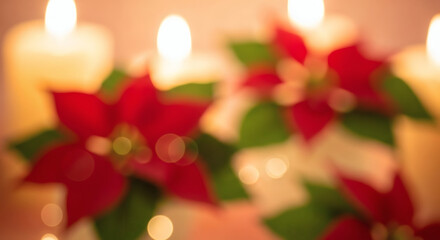 Warm glowing candles illuminate red poinsettias, casting a festive holiday spell and creating a cozy, inviting atmosphere for winter celebrations