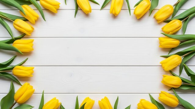 Bright yellow tulips arranged in a decorative circle on a light wooden surface for a spring celebration