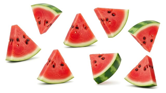 Fresh slices of ripe watermelon arranged on a white background