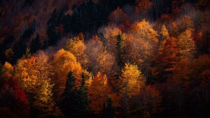 Autumn hillside forest deep orange rustic red and golden yellow leaves