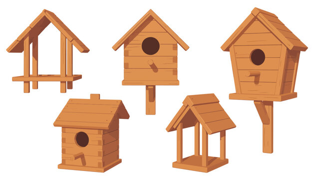Bird feeder and wooden bird house set with hanging roof, entry hole, seeds, and outdoor construction for wildlife support, garden decor, and nature care illustrations.