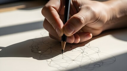 Hand holding pencil drawing on paper with sunlight and shadows