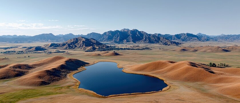 A tranquil, heart-shaped lake sits amidst rolling, golden hills with a majestic mountain range in the background under a bright, clear sky.