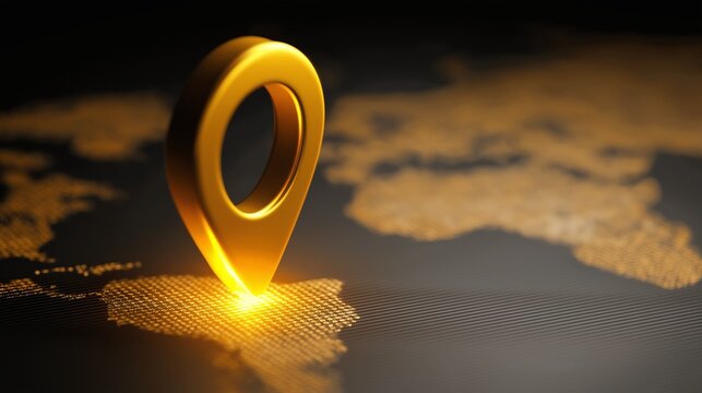 Golden 3D Location Pin on World Map Background