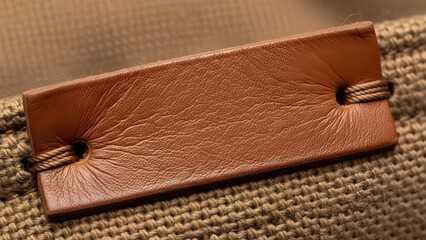 Close up of a brown leather label on textured fabric