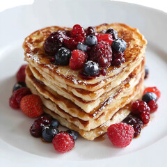 Delicious heartshaped pancakes with a generous topping of fresh raspberries, blueberries, and blackberries, drizzled with syrup, isolated on transparent background